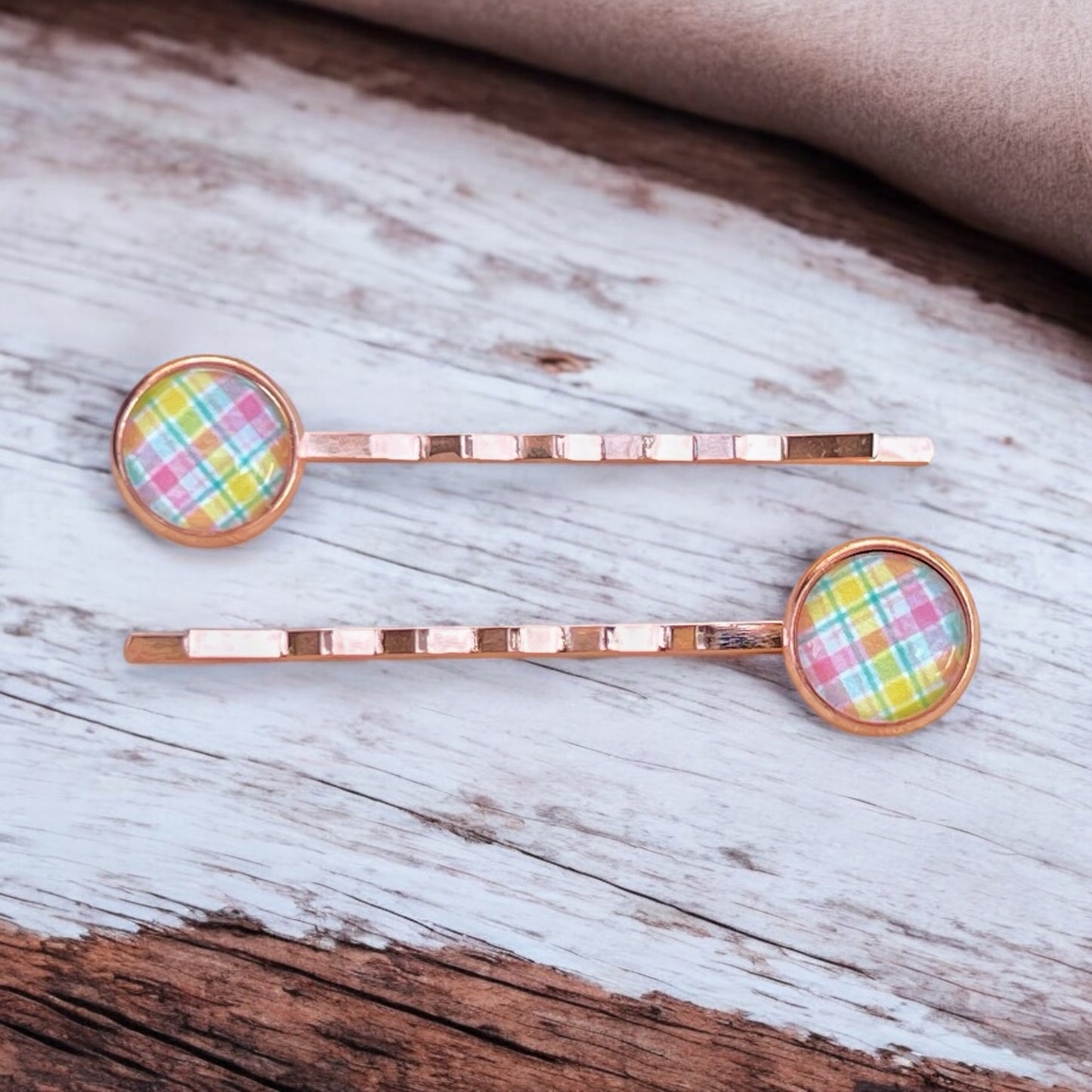Pastel Plaid Hair Pins – Set of 2 Spring Accessories in Rose Gold