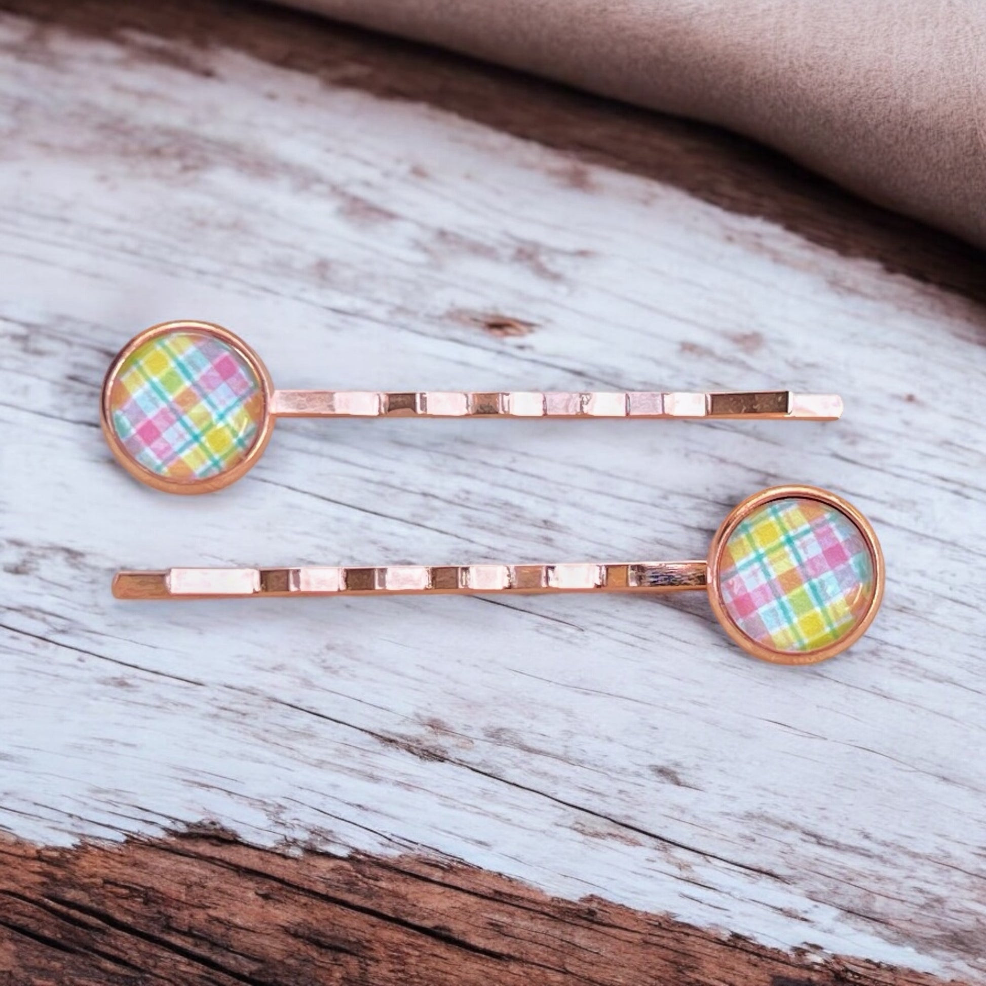 Pastel Plaid Hair Pins – Set of 2 Spring Accessories in Rose Gold