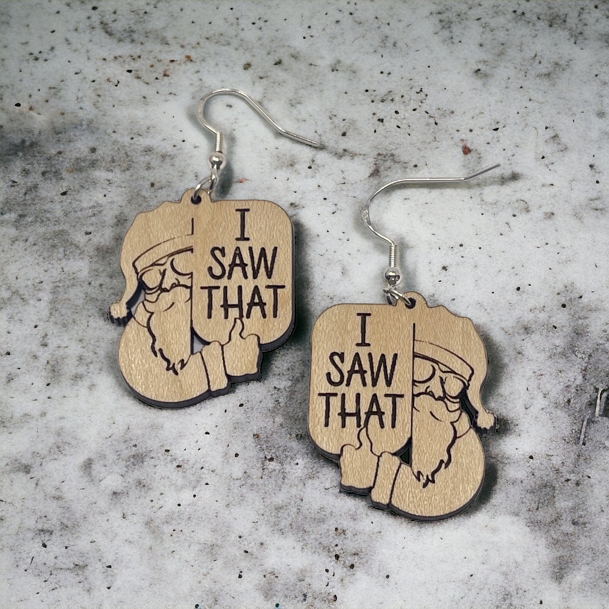 “I Saw That” Santa Earrings – Funny Etched Wood Christmas Jewelry