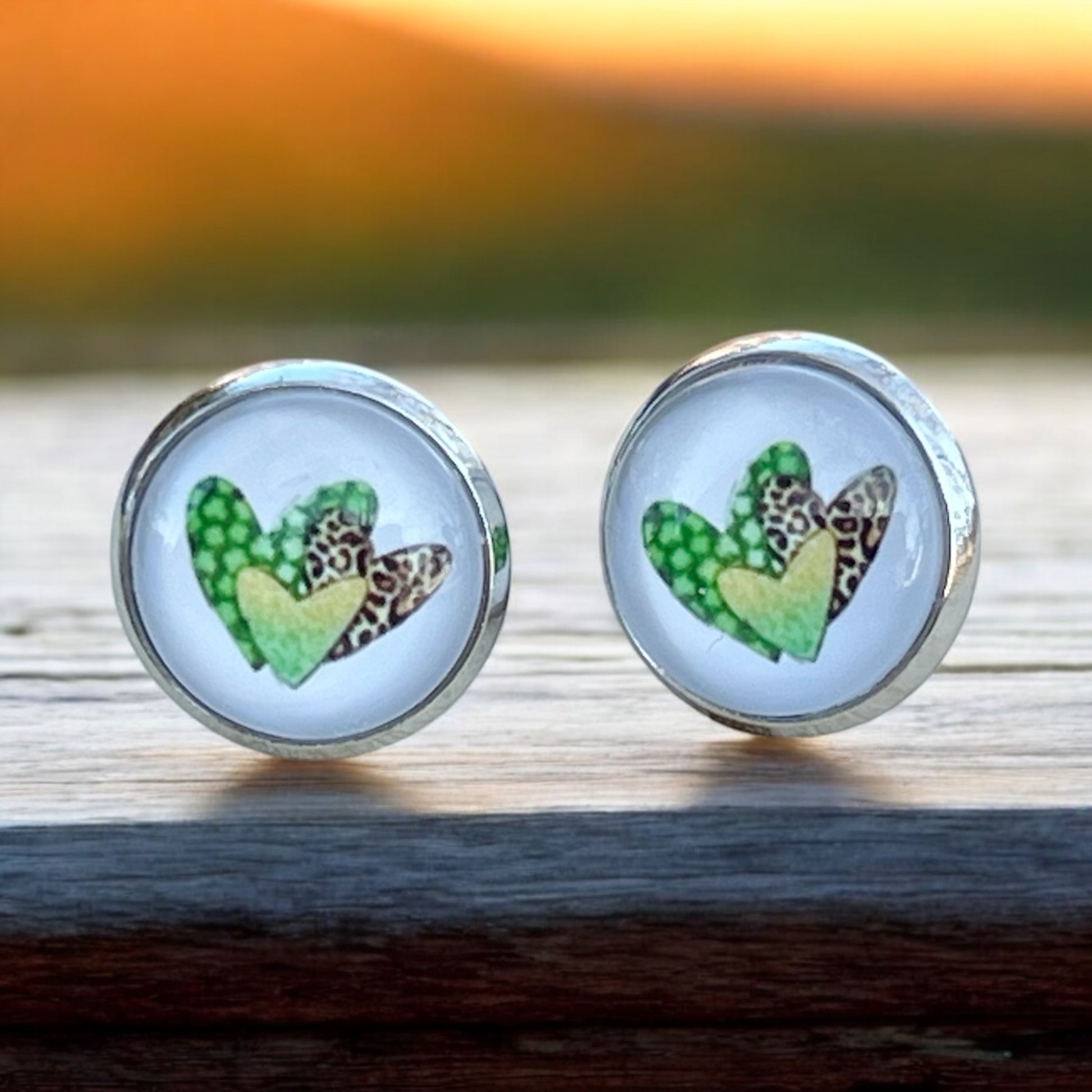 Animal Print Heart Stud Earrings – Handmade Silver Jewelry