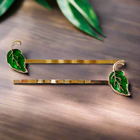 Green Enamel Leaf Hair Pins – Gold Boho Nature-Inspired Hair Clips