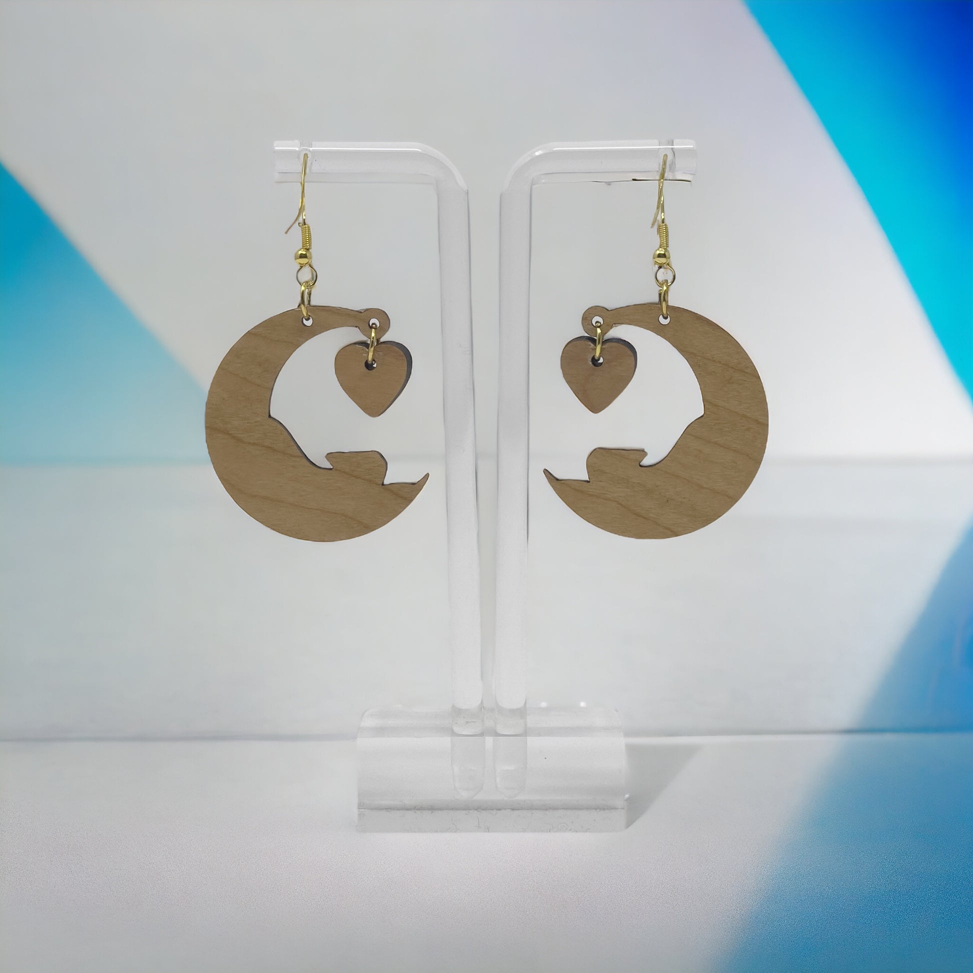 Customizable Valentines Wood Crescent Moon Cat Heart Earrings, Personalized Handcrafted Dangle Earrings, Cute Gifts for Cat Lover Girlfriend