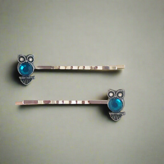 Bright Blue Rhinestone Owl Bobby Pins: Sparkling Owl Accents