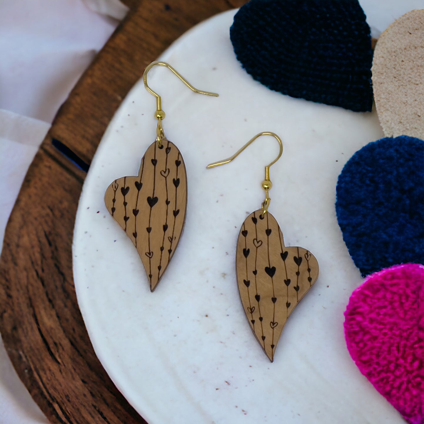 Etched Heart Drop Earrings – Asymmetrical Wooden Love Jewelry with Gold Hooks