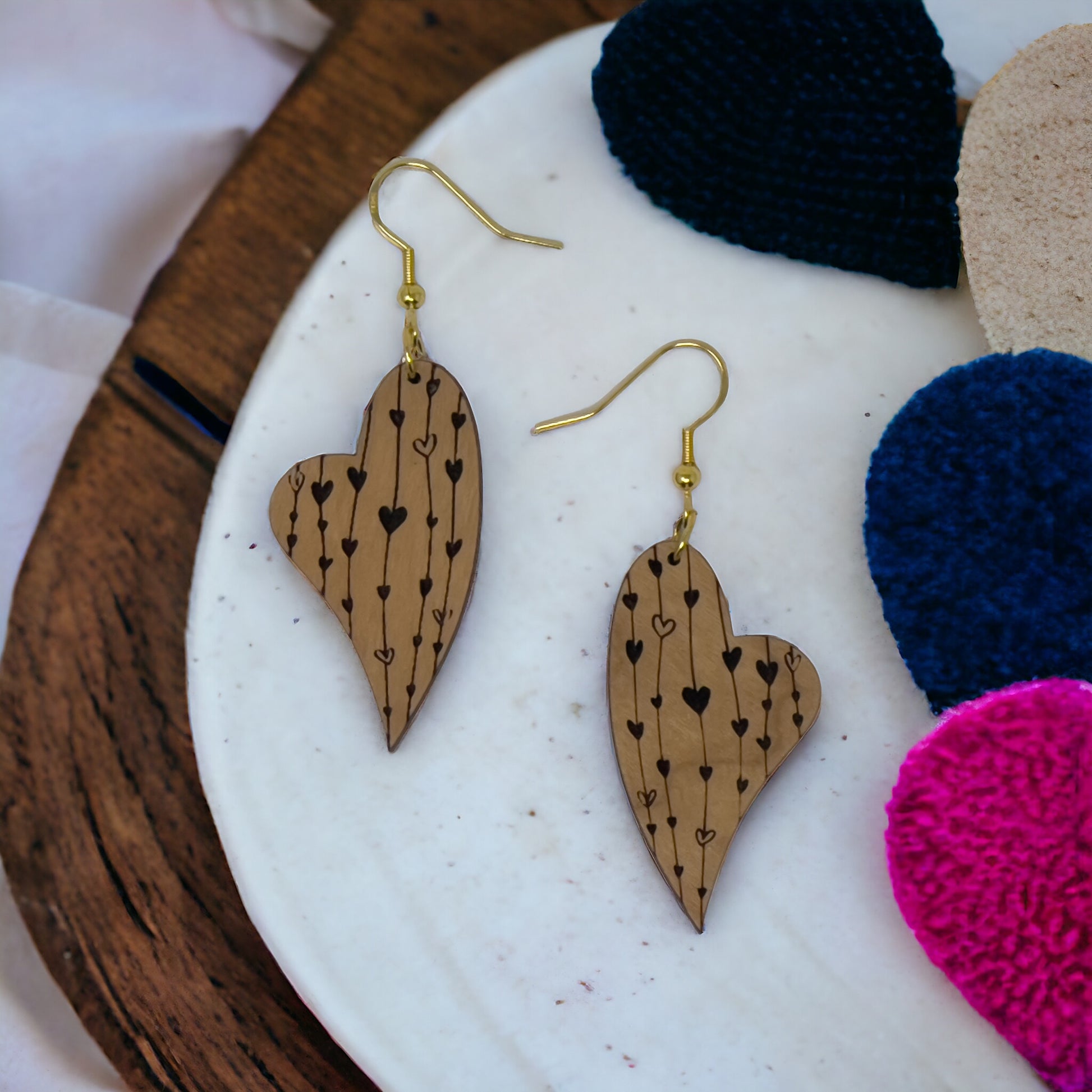 Etched Heart Drop Earrings – Asymmetrical Wooden Love Jewelry with Gold Hooks