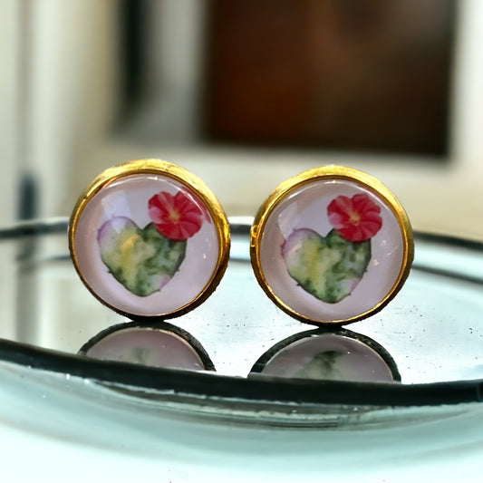 Flowering Cactus Heart Valentine Succulent Gold Stud Earrings