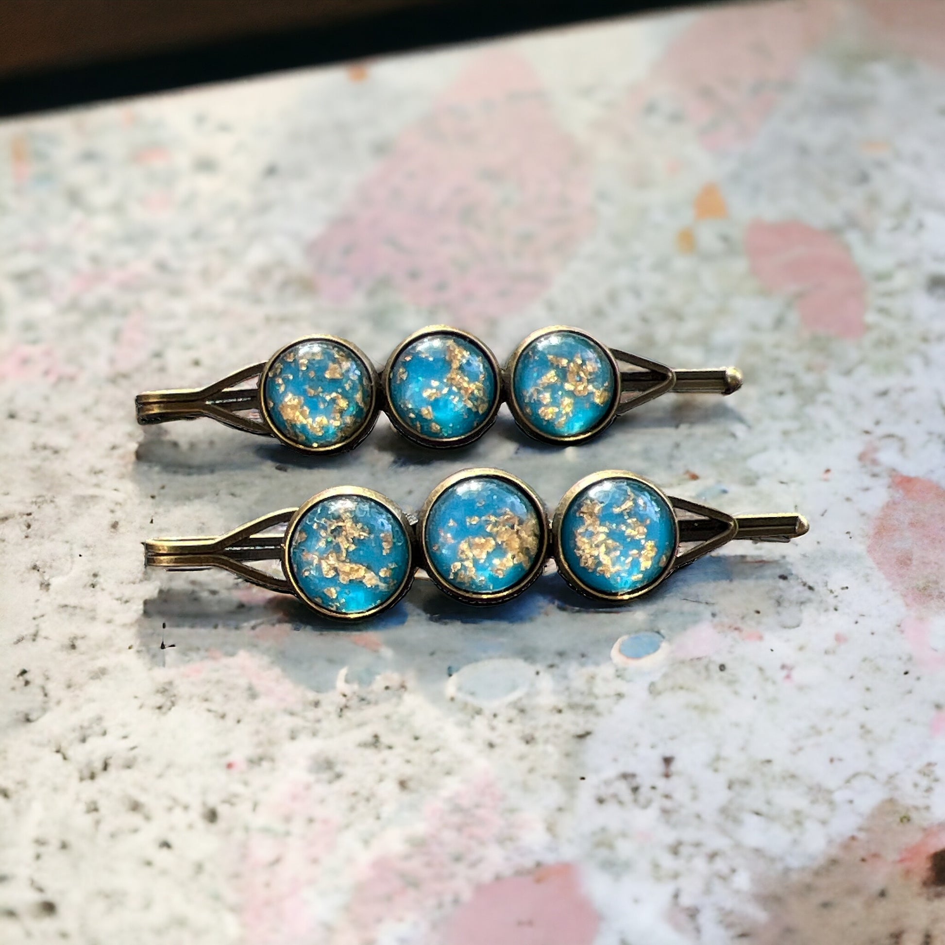 Sky Blue & Gold Foil Hair Pins – Set of 2 Celestial Hair Accessories