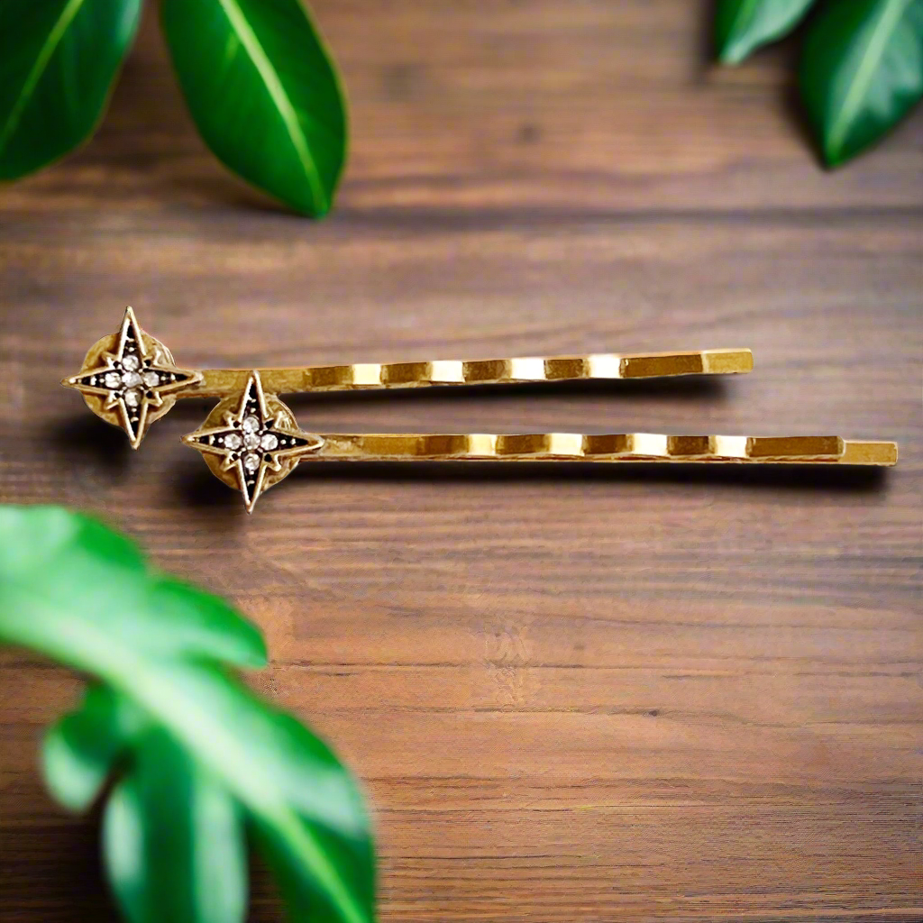 North Star Rhinestone Hair Pins – Gold Celestial Hair Clips with Vintage Style