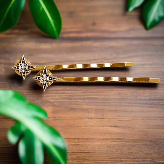 North Star Rhinestone Hair Pins – Gold Celestial Hair Clips with Vintage Style