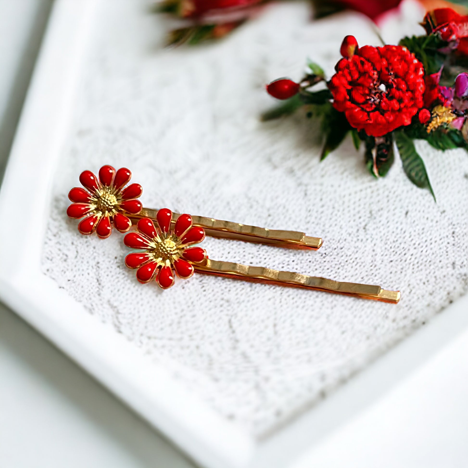 Red Wildflower Hair Pins – Set of 2 Cottagecore Accessories