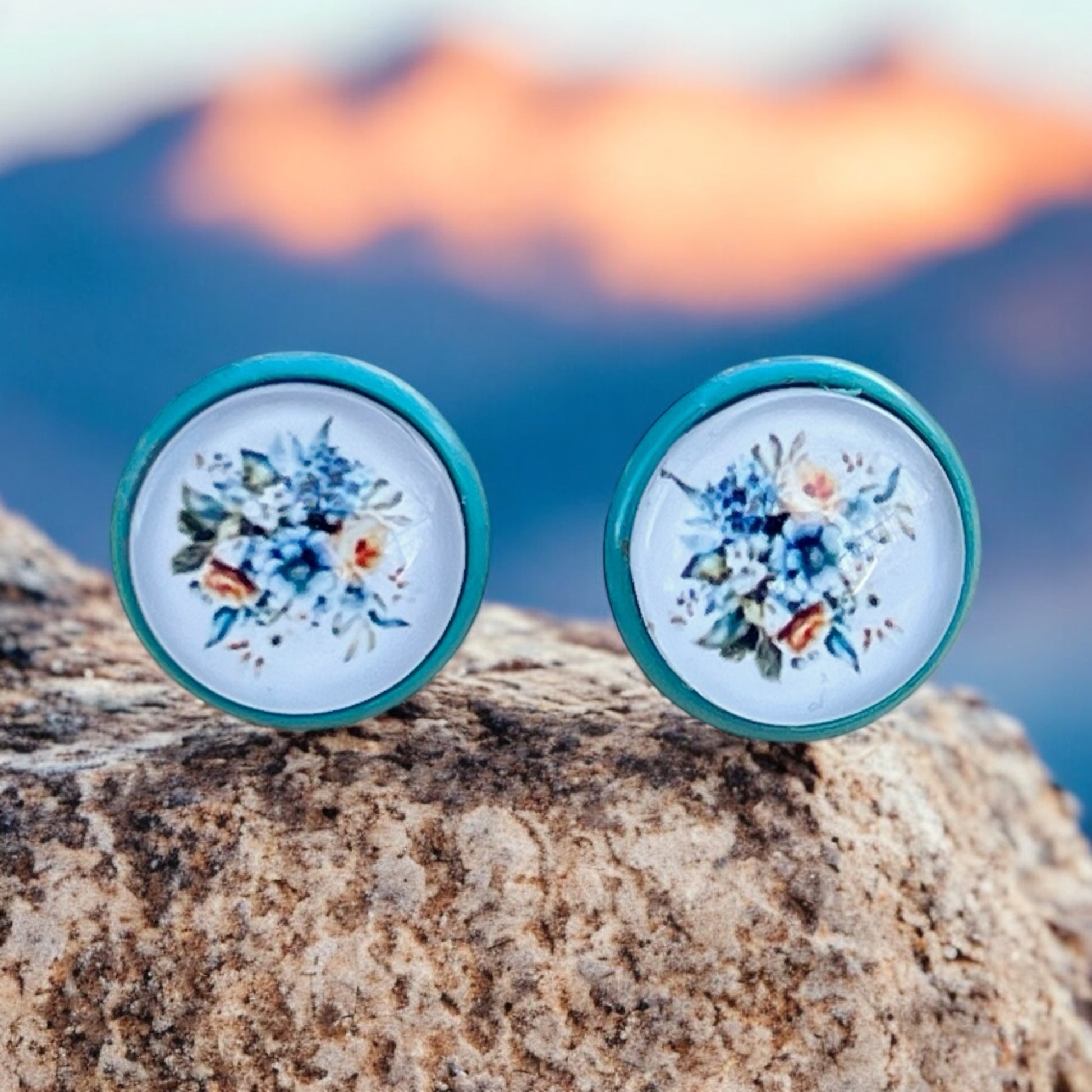 Blue Floral Stud Earrings – Handmade Vintage Cottagecore Jewelry