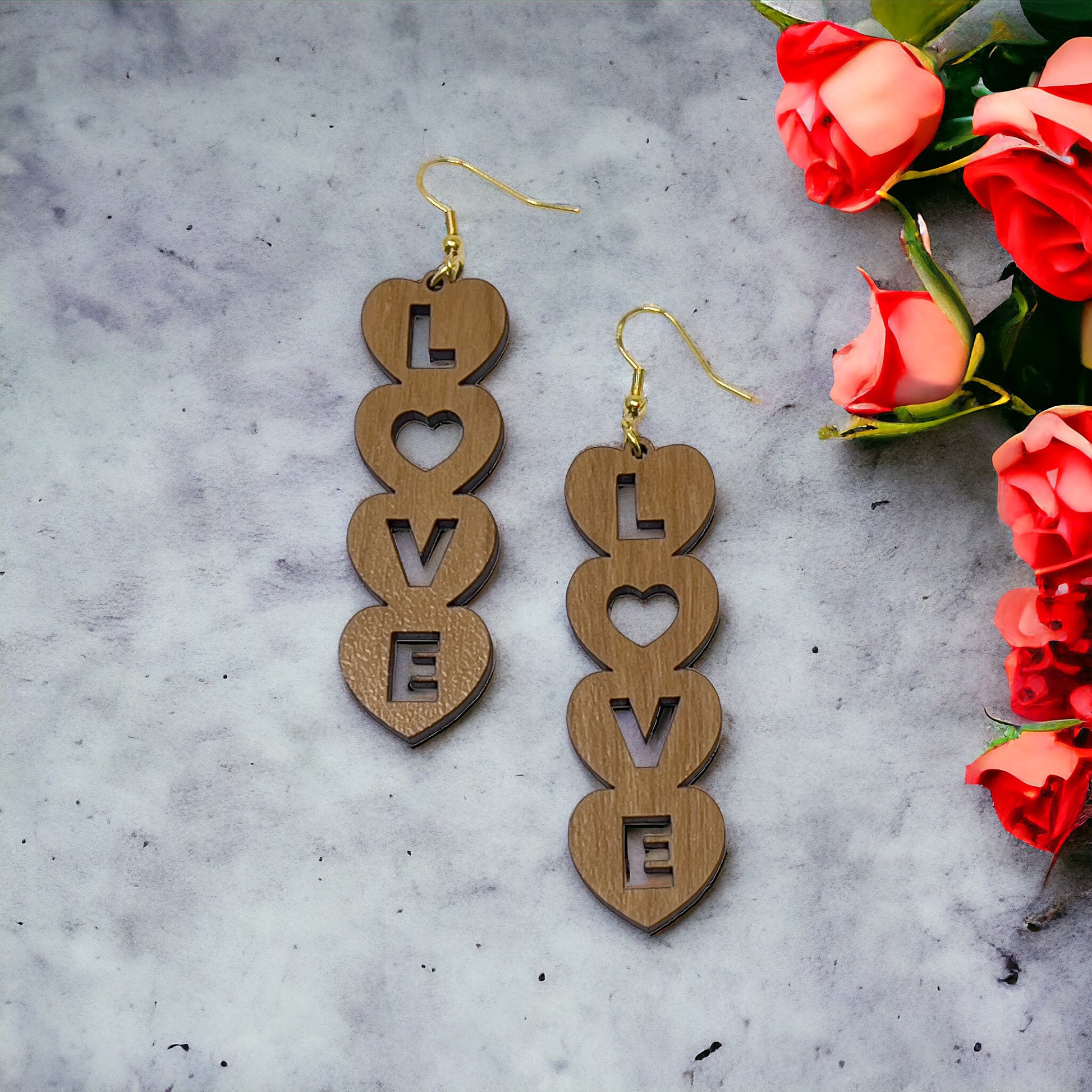 Stacked LOVE Heart Earrings – Bold Wooden Valentine’s Jewelry