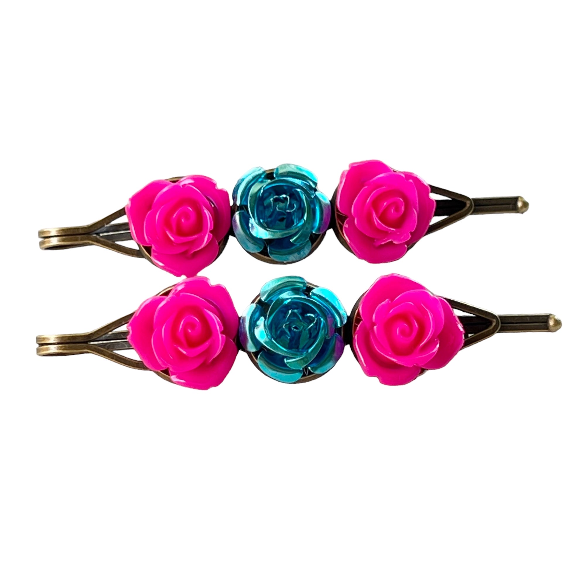 Hot Pink & Teal Rose Hair Pins – Bold Floral Hair Clips with Metallic Accent