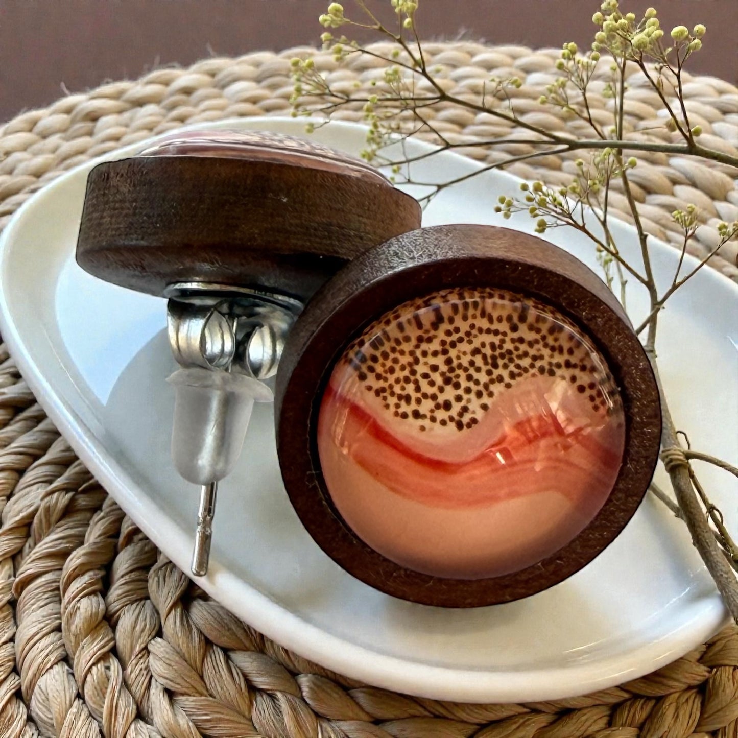 Desert Sunrise Boho Wood Stud Earrings – Peach & Terracotta Dots