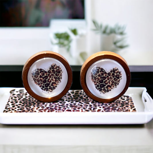 Wooden Leopard Print Heart Stud Earrings – Wild & Playful Statement Jewelry