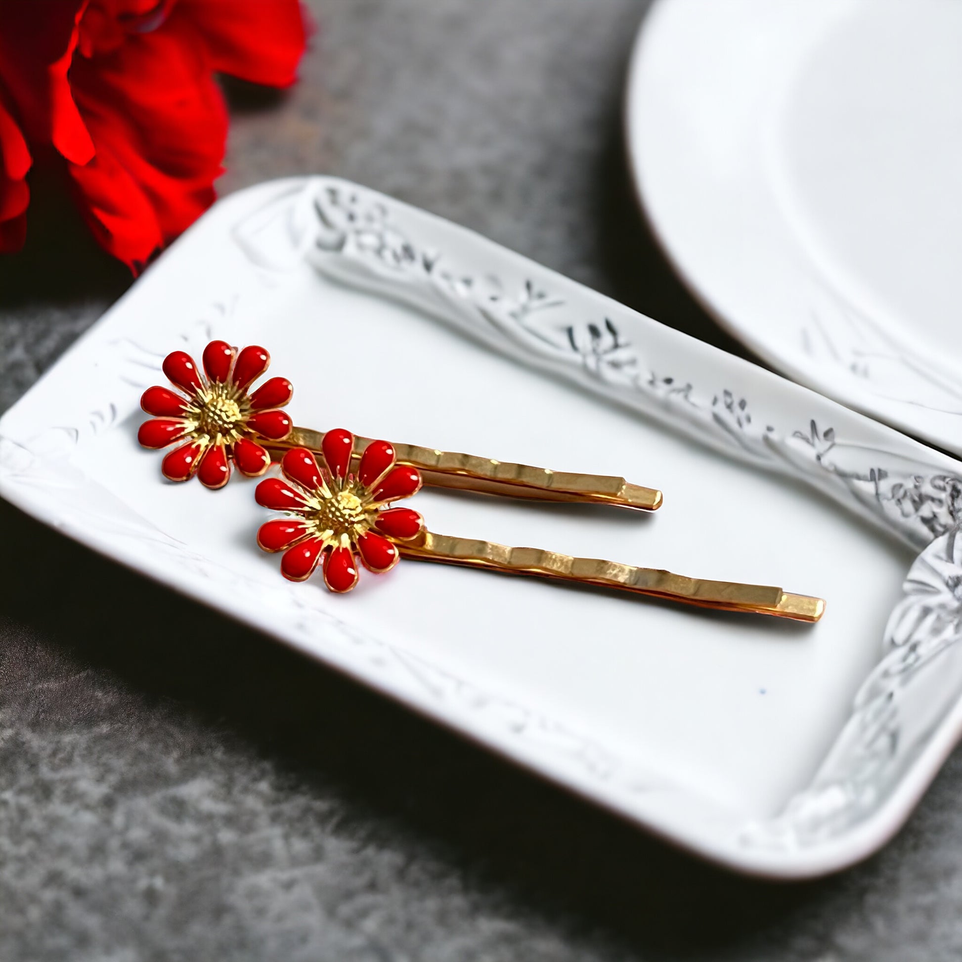 Red Wildflower Hair Pins – Set of 2 Cottagecore Accessories