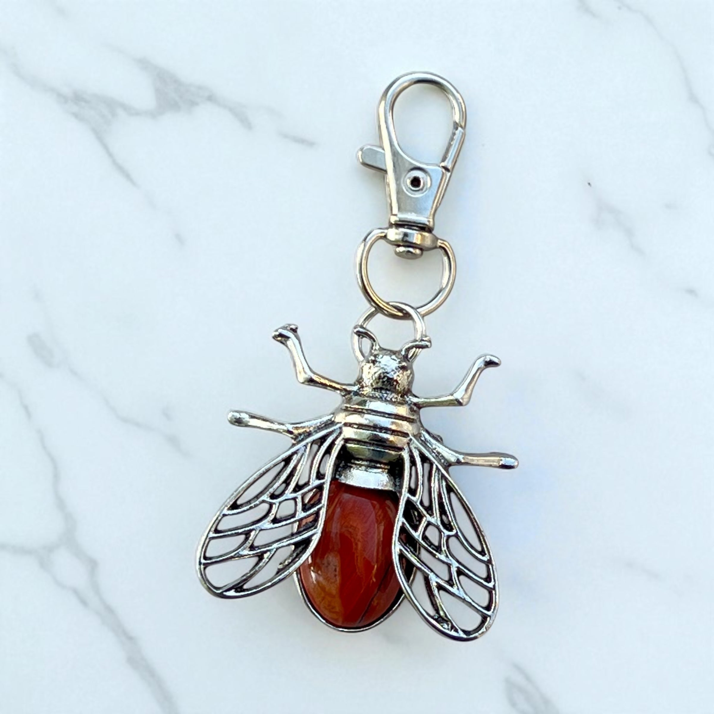 Red Jasper Bee Purse Charm – Silver Boho Bag Keychain Gift for Her
