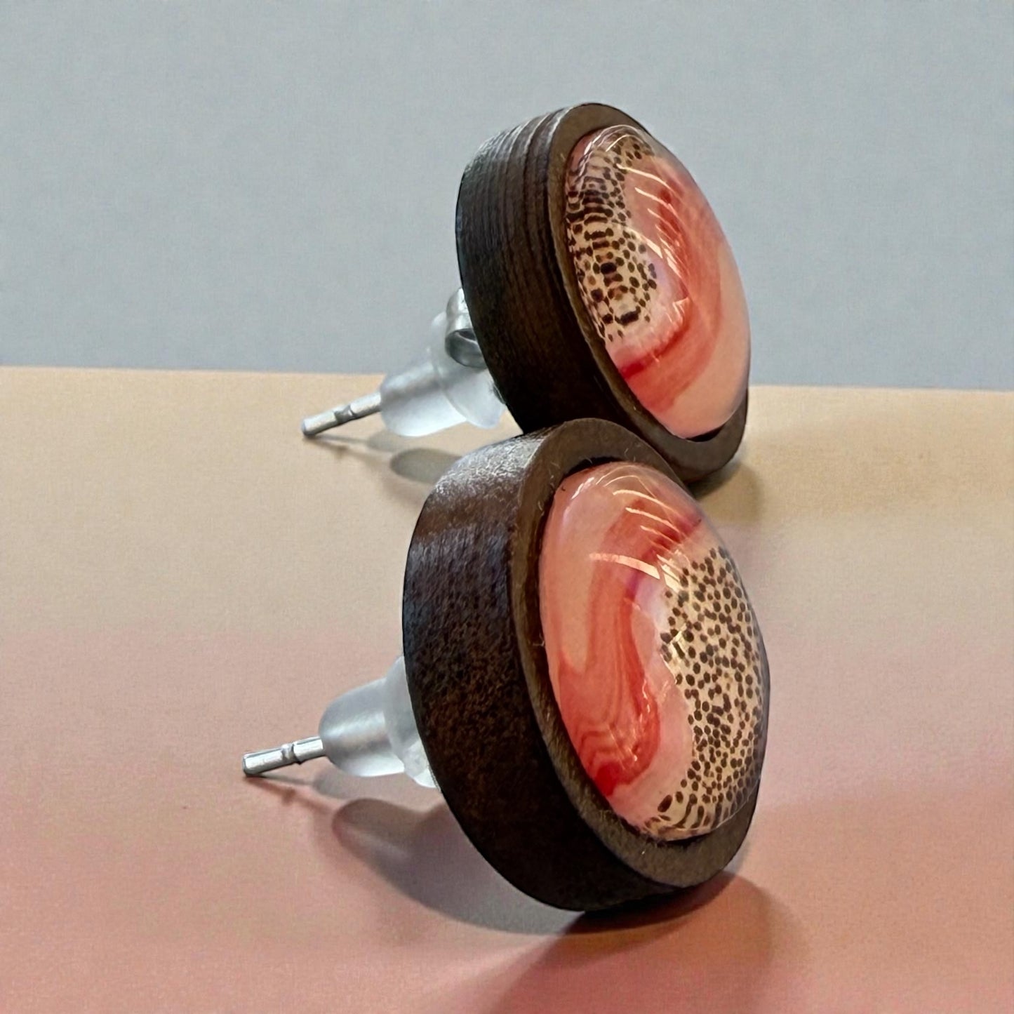 Desert Sunrise Boho Wood Stud Earrings – Peach & Terracotta Dots