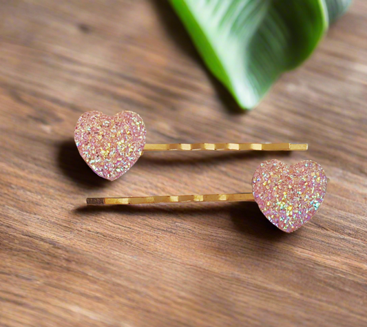 Pink Glitter Druzy Heart Hair Pins - Romantic Accessories