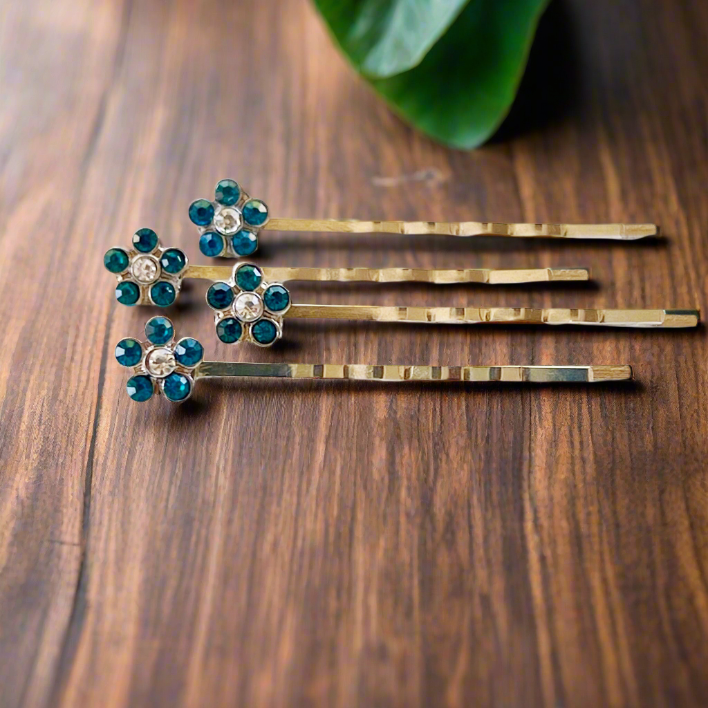 Blue Rhinestone Flower Hair Pins - Elegant Floral Hair Accessories