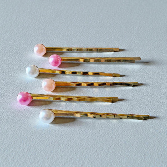 Pink & White Pearl Hair Pins – Set of 6 Feminine Bobby Pins