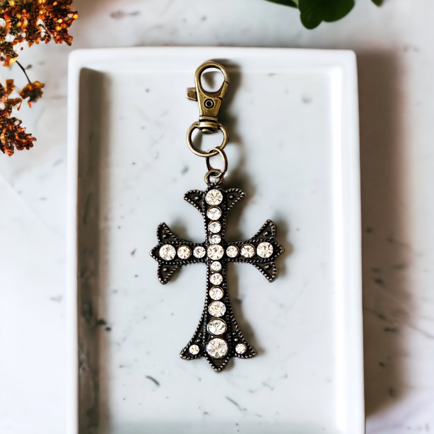 Rhinestone Cross Purse Charm – Vintage Bronze Crystal Keychain