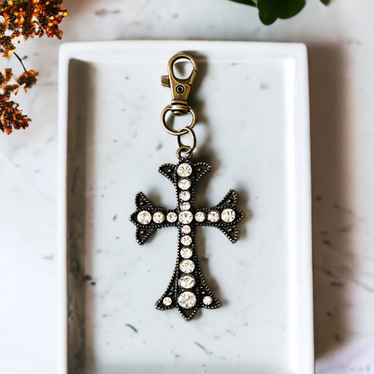 Rhinestone Cross Purse Charm – Vintage Bronze Crystal Keychain