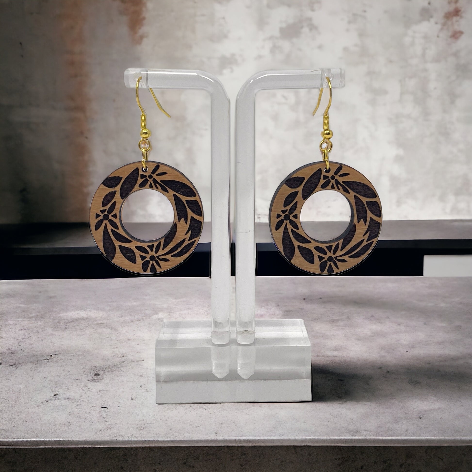 Etched Floral Circle Wood Earrings – Lightweight Boho Botanical Jewelry