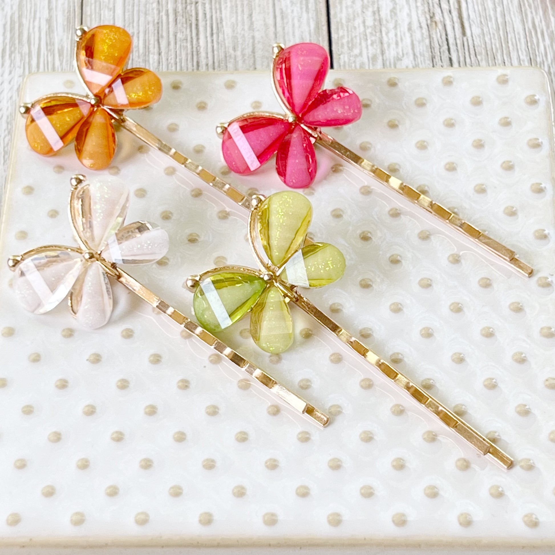 Colorful Butterfly Hair Pins – Glitter Resin Clips in Gold Set of 4