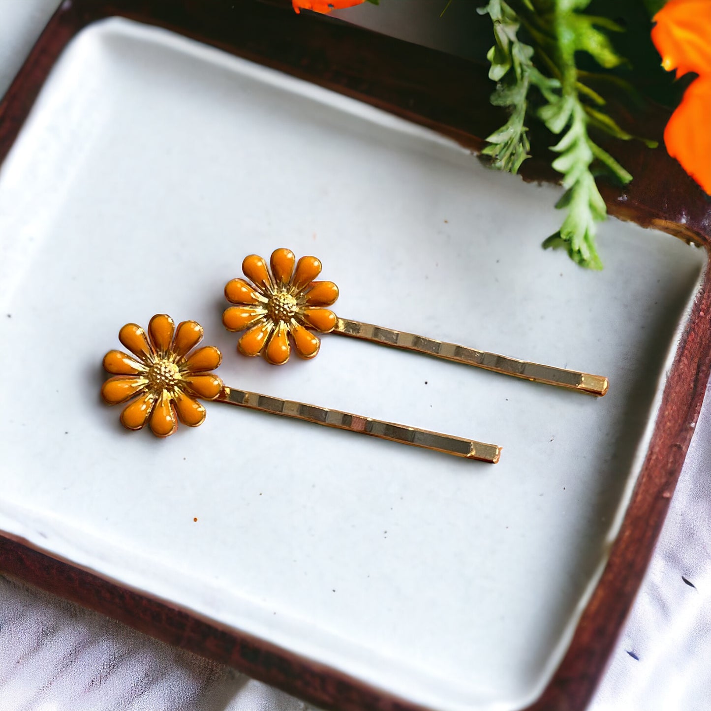 Decorative Orange Enamel Wildflower Hair Pins - Delicate Floral Accessories