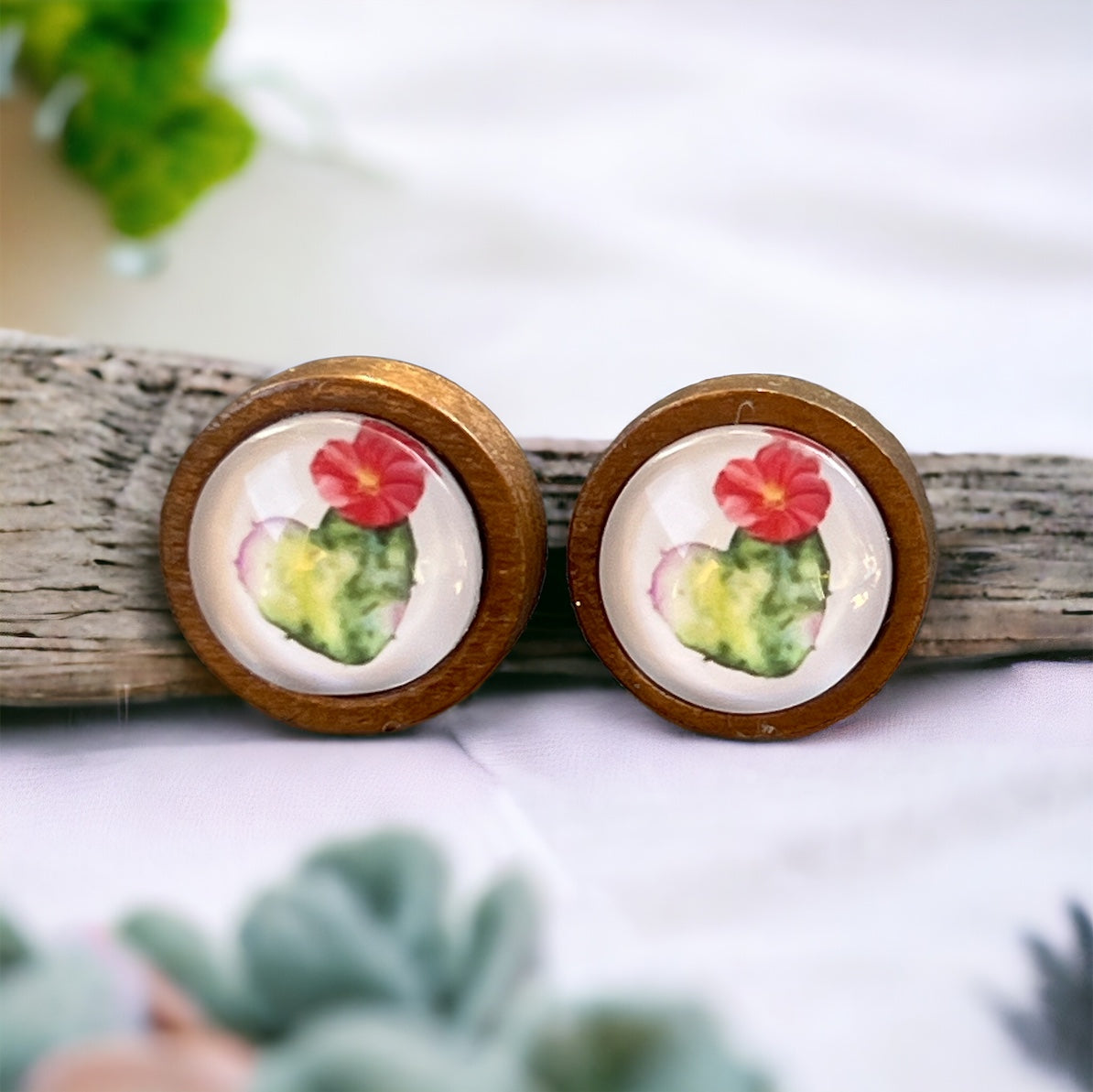 Cactus Bloom Stud Earrings – Wooden Desert-Inspired Jewelry