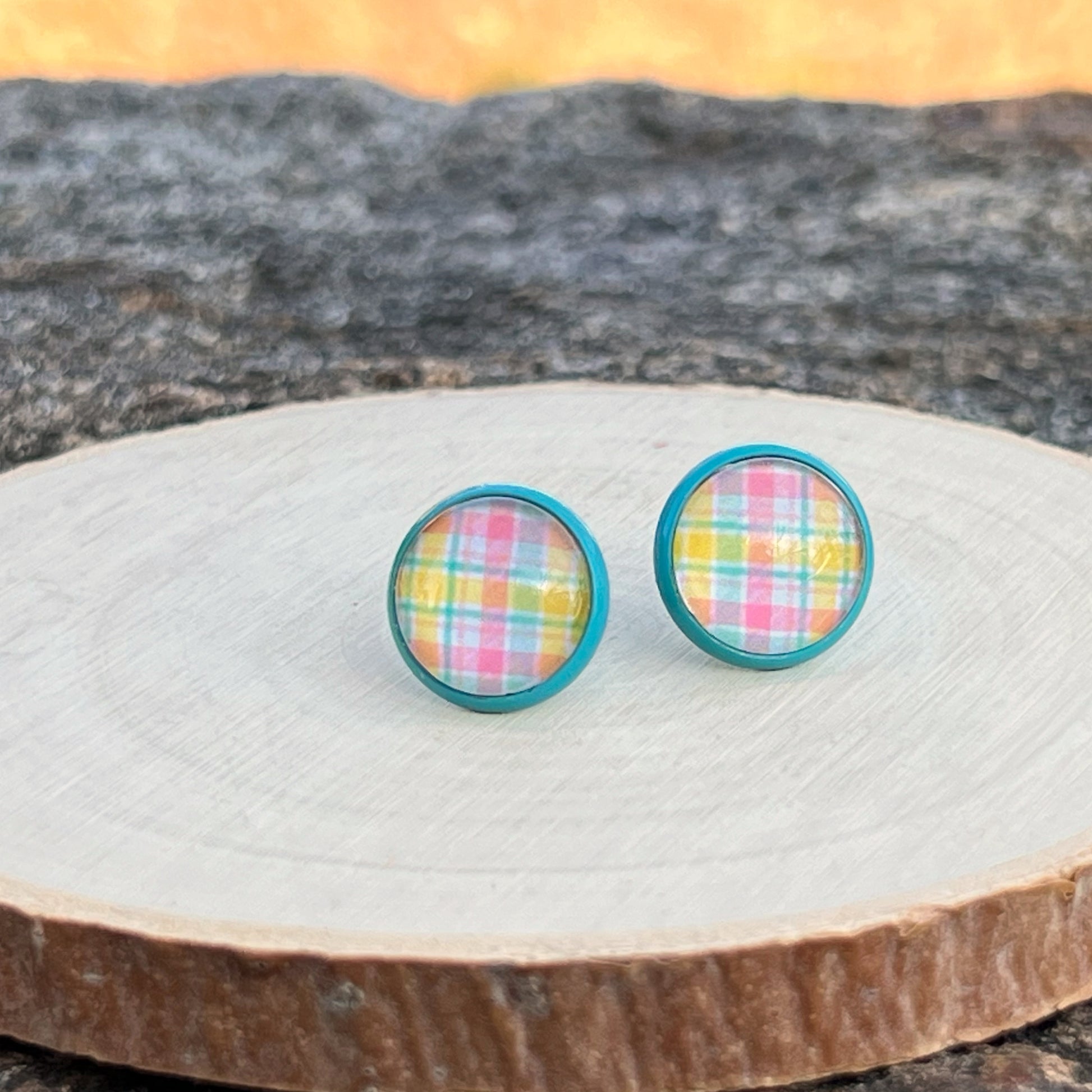 Handmade Pastel Plaid Stud Earrings – 12mm Teal Metal Setting – Spring & Easter Jewelry