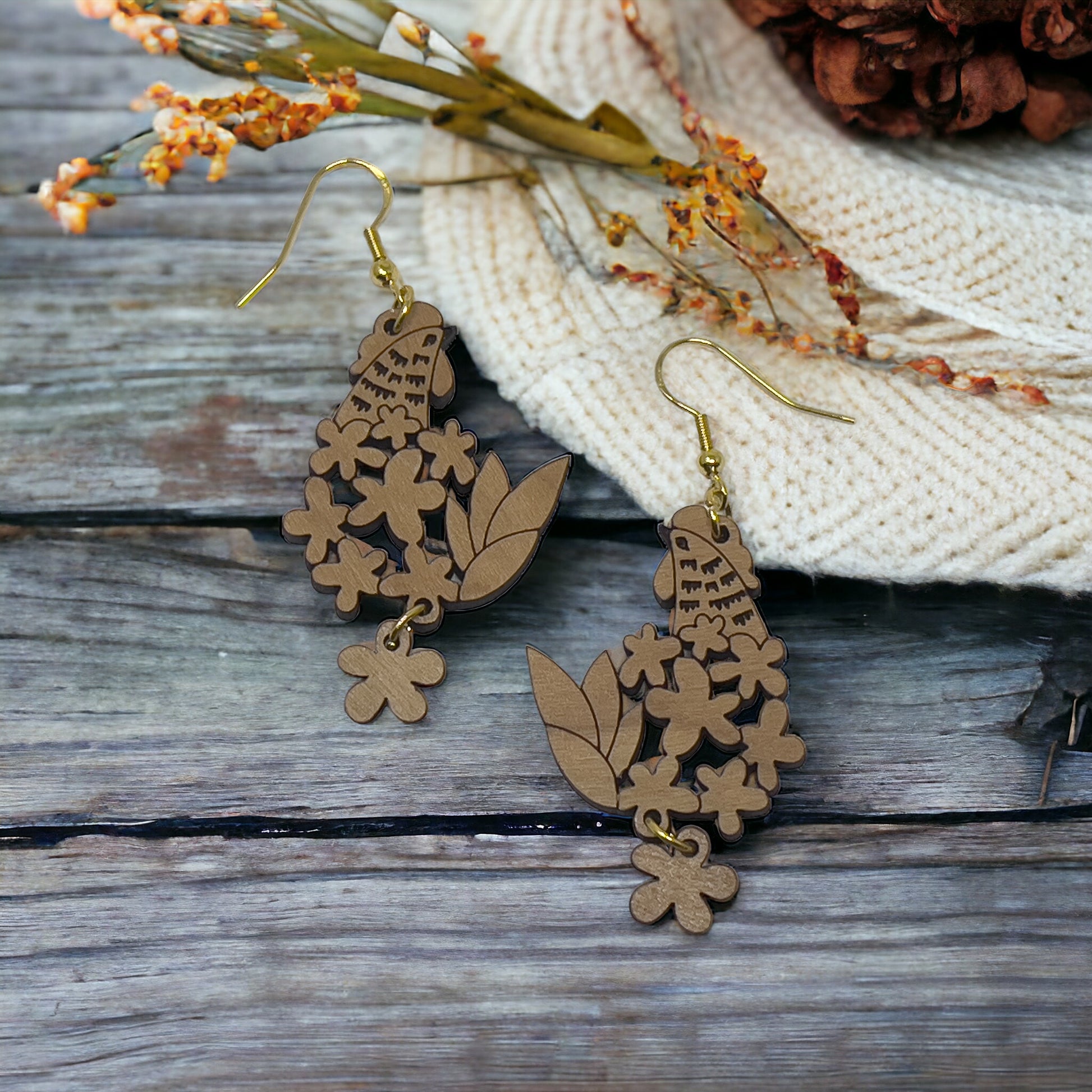 Floral Chicken Wood Earrings – Boho Farmhouse Nature Jewelry