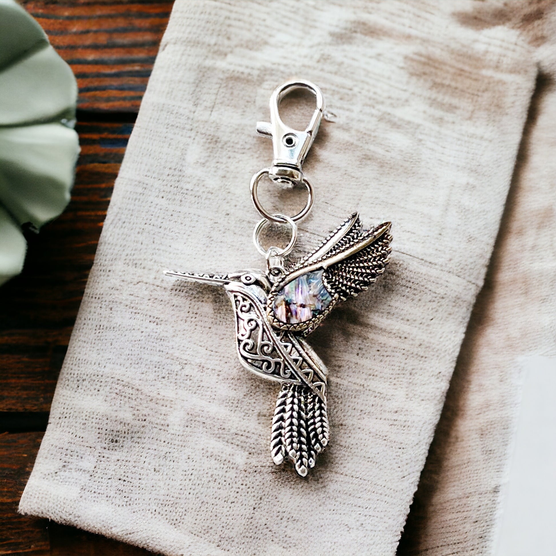Abalone Hummingbird Purse Charm – Silver Bird Keychain with Etched Boho Details