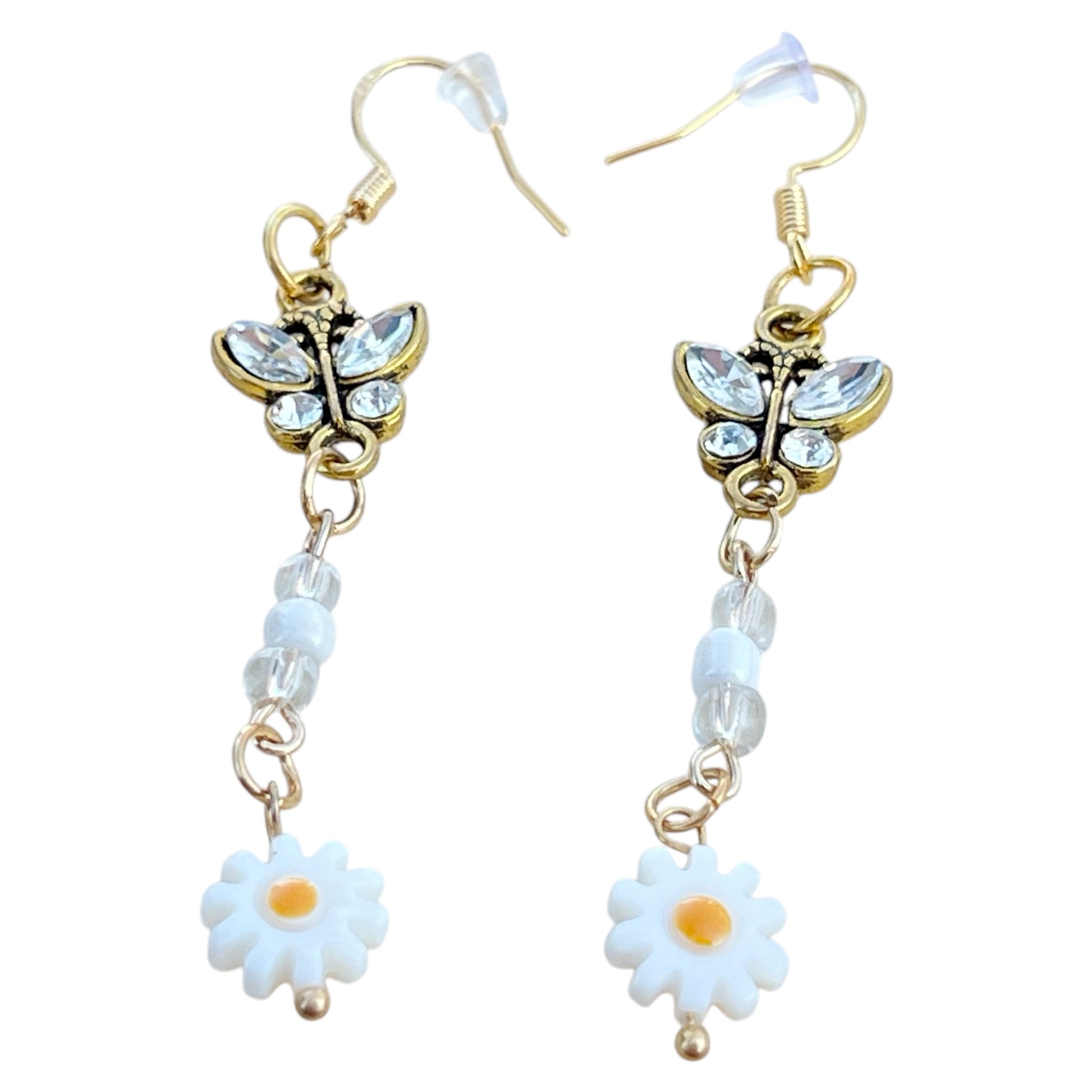 Butterfly & Daisy Earrings – Handmade Gold Floral Dangles