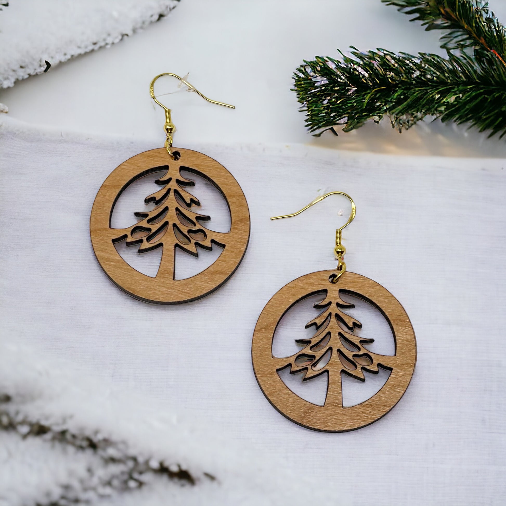 Circle Tree Cutout Earrings – Round Wooden Forest Holiday Jewelry