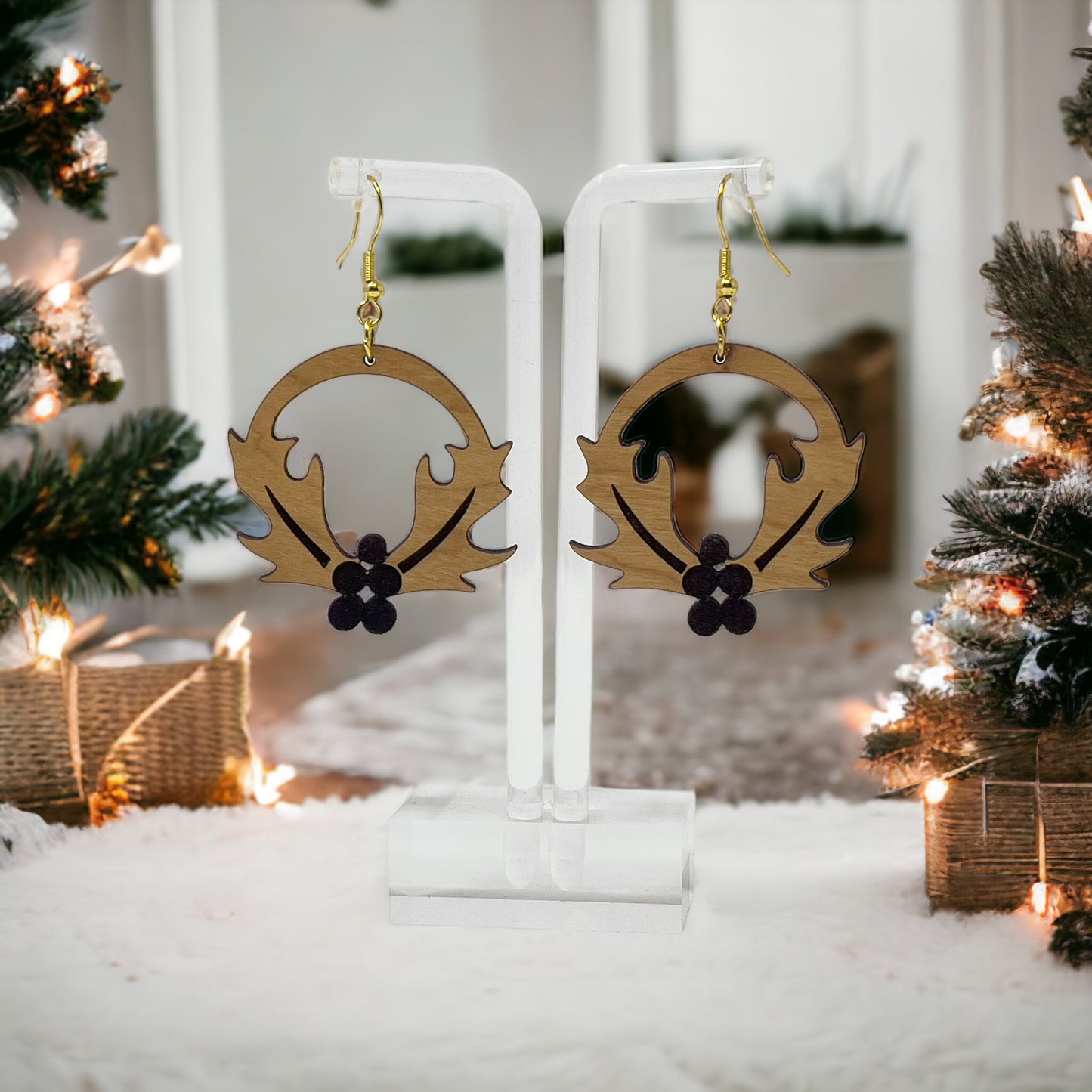 Wooden Holly Wreath Earrings – Holiday Leaf & Berry Laser Cut Jewelry