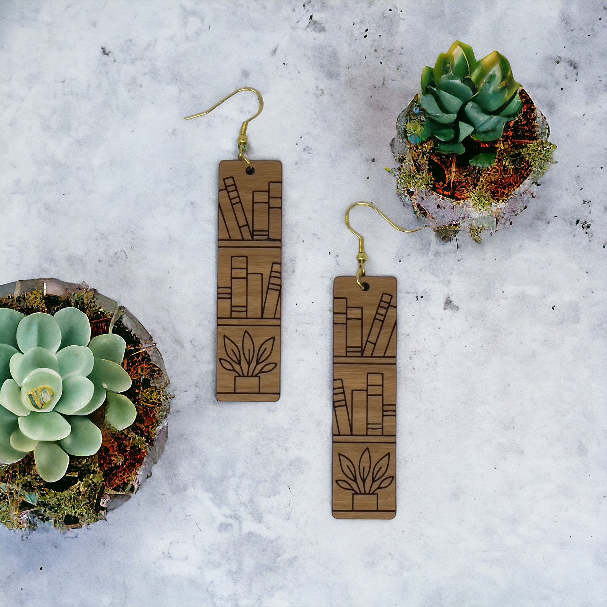 Bookshelf Wood Earrings – Handmade Boho Literary Jewelry