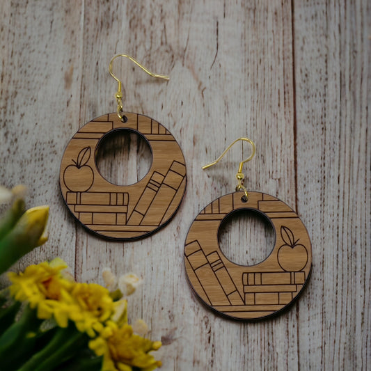 Apple & Books Wood Earrings – Boho Jewelry for Teachers