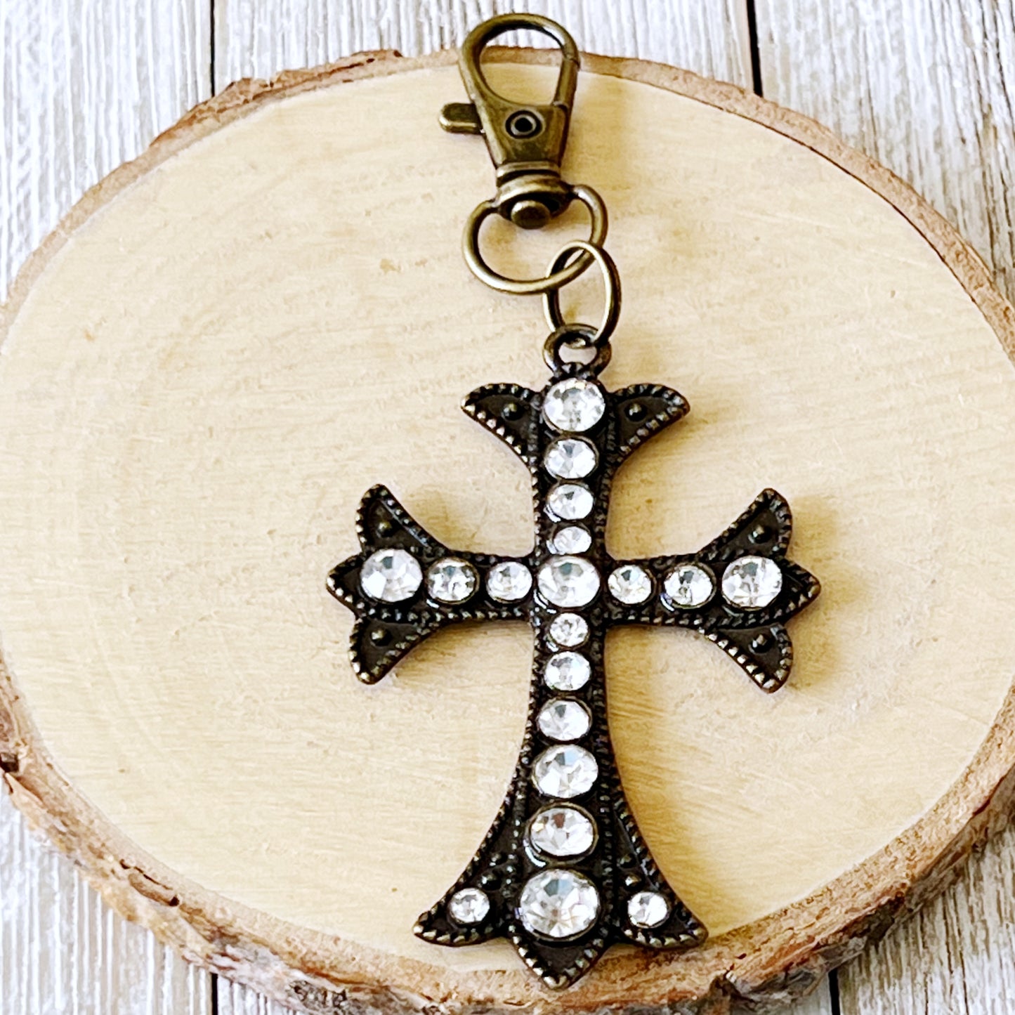 Rhinestone Cross Purse Charm – Vintage Bronze Crystal Keychain