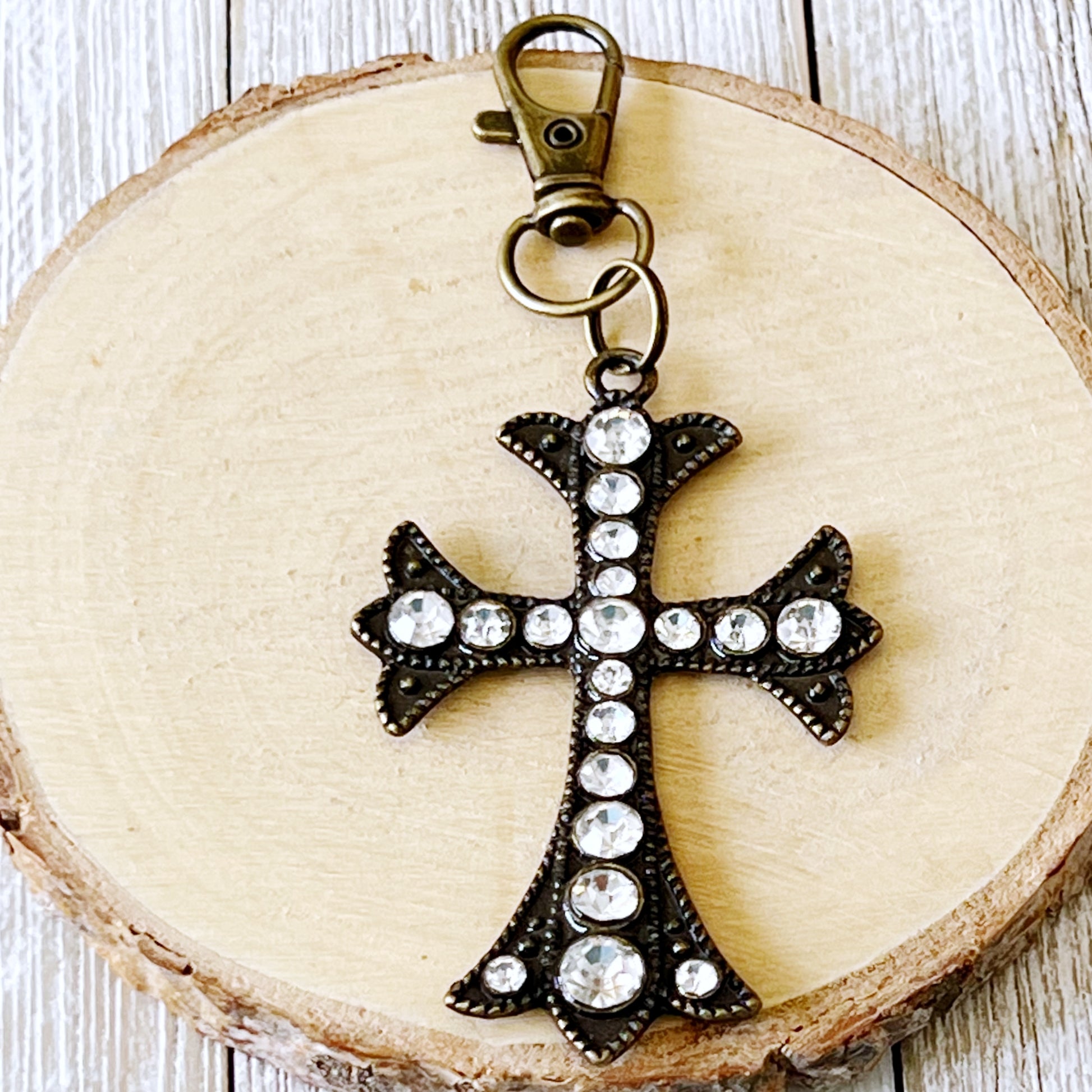 Rhinestone Cross Purse Charm – Vintage Bronze Crystal Keychain