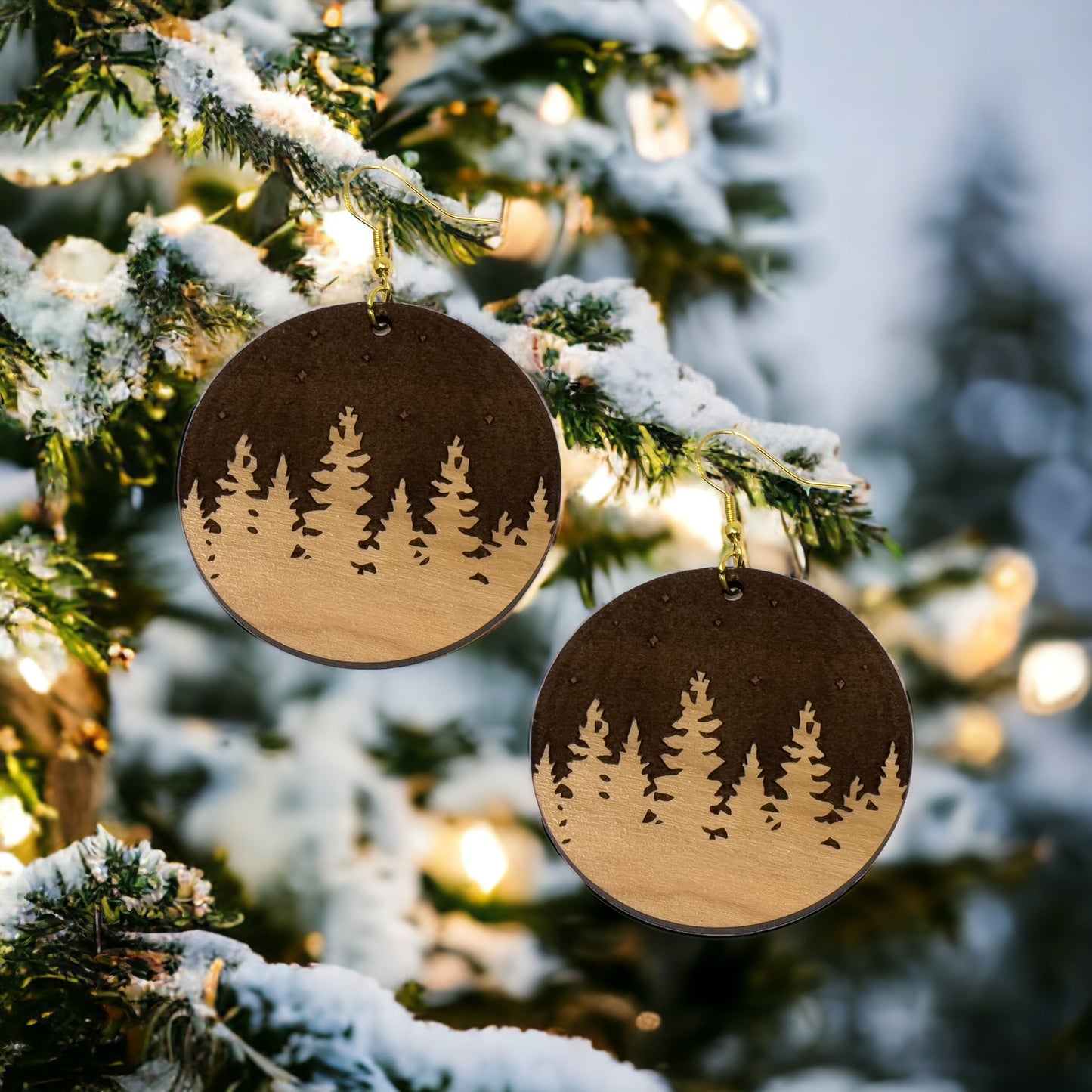 Starry Forest Circle Earrings – Dark Wood Nighttime Tree Line Jewelry