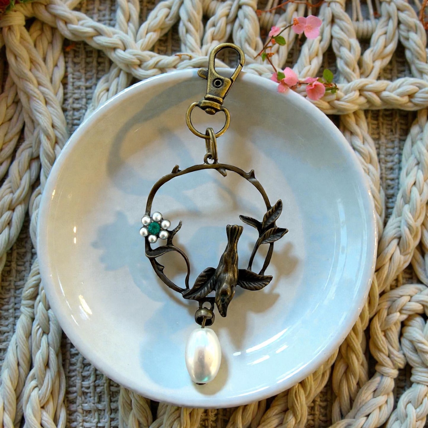 Vintage Bird & Pearl Purse Charm – Rustic Boho Branch Keychain