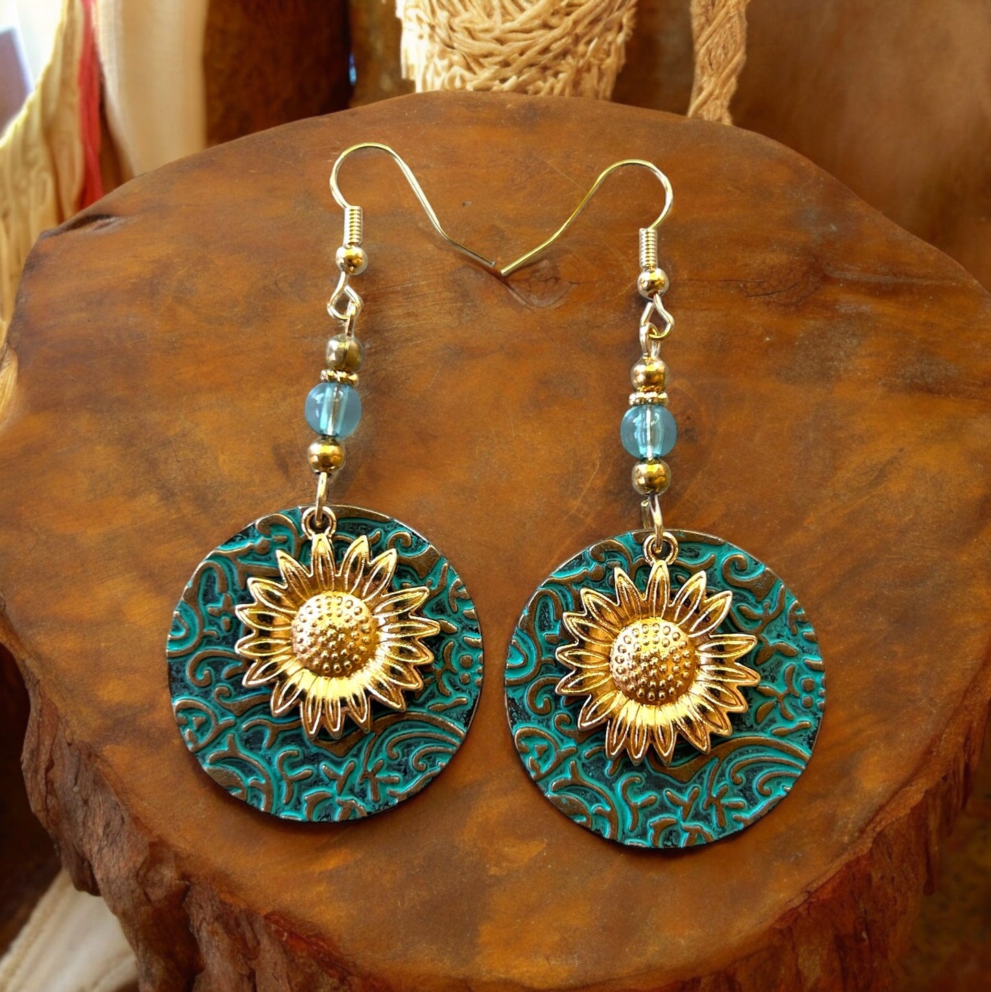Patina Metal Dangle Earrings – Gold Sunflower Design