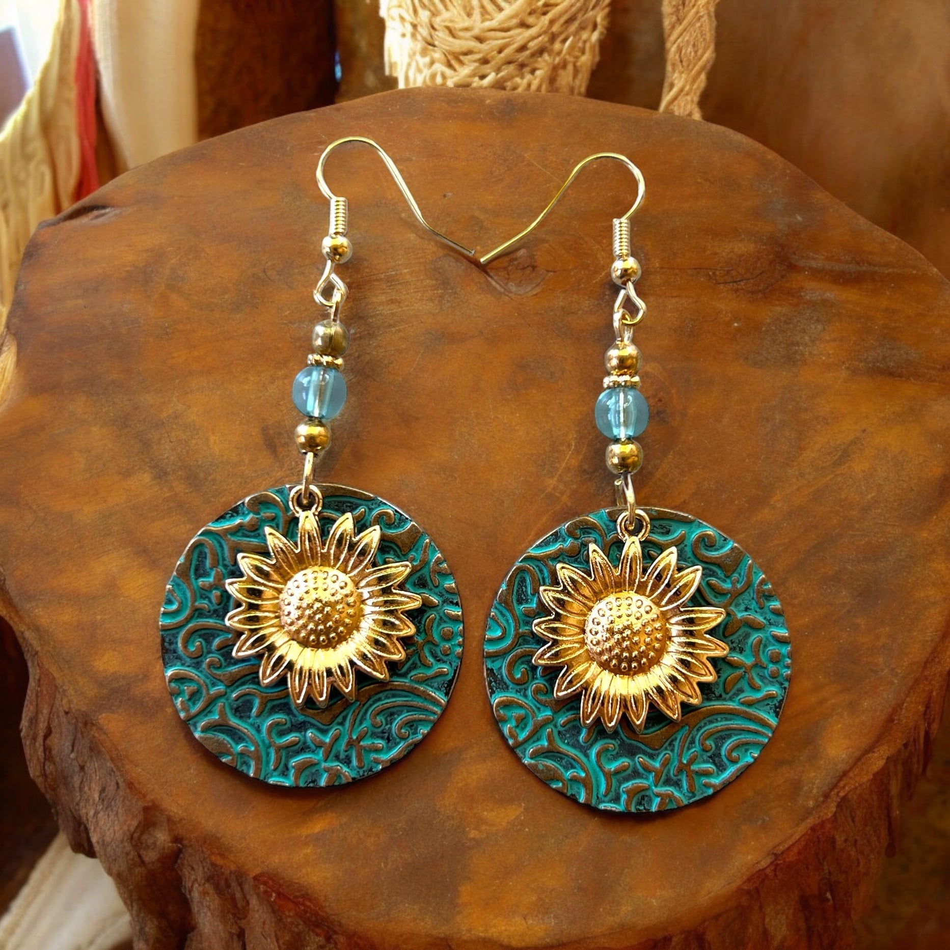 Patina Metal Dangle Earrings – Gold Sunflower Design