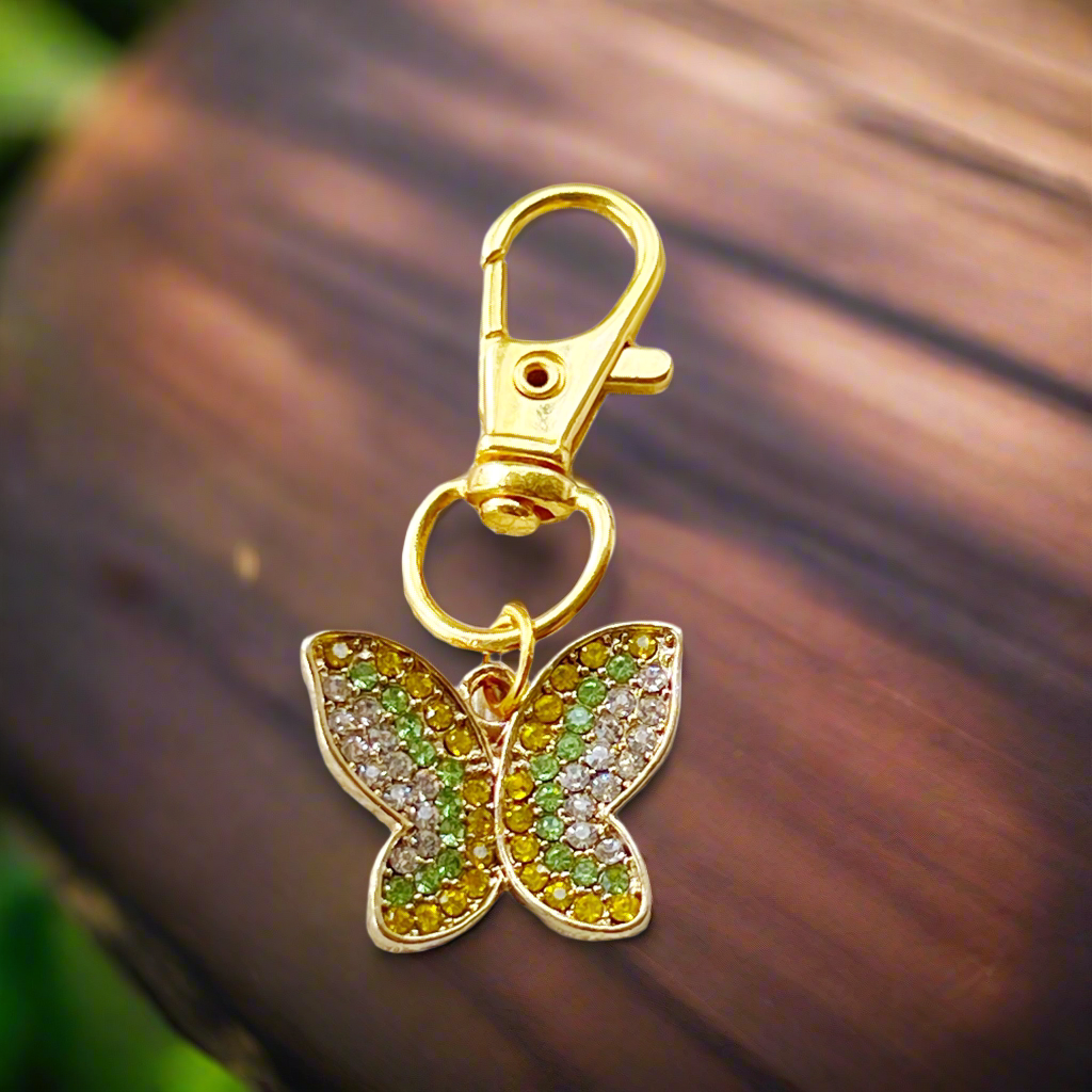 Yellow & Green Butterfly Purse Charm with Rhinestones - Stylish Accessory for Your Bag