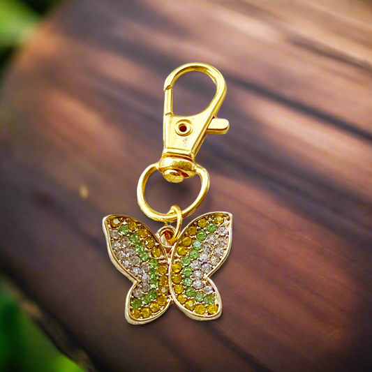 Yellow & Green Butterfly Purse Charm with Rhinestones - Stylish Accessory for Your Bag