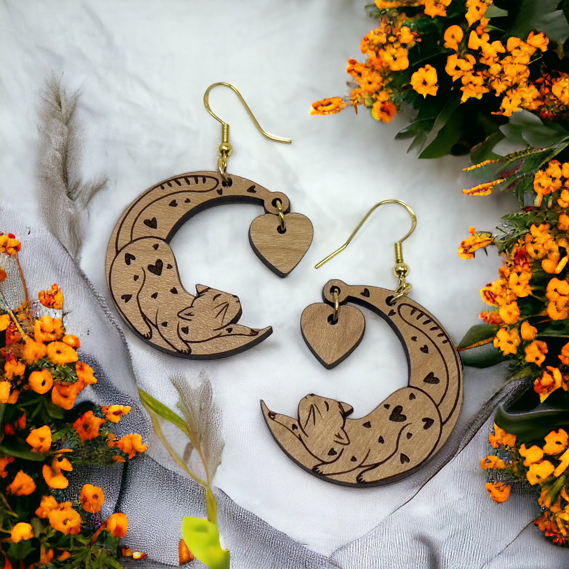 Heart Moon Cat Earrings – Whimsical Wooden Love Jewelry for Her