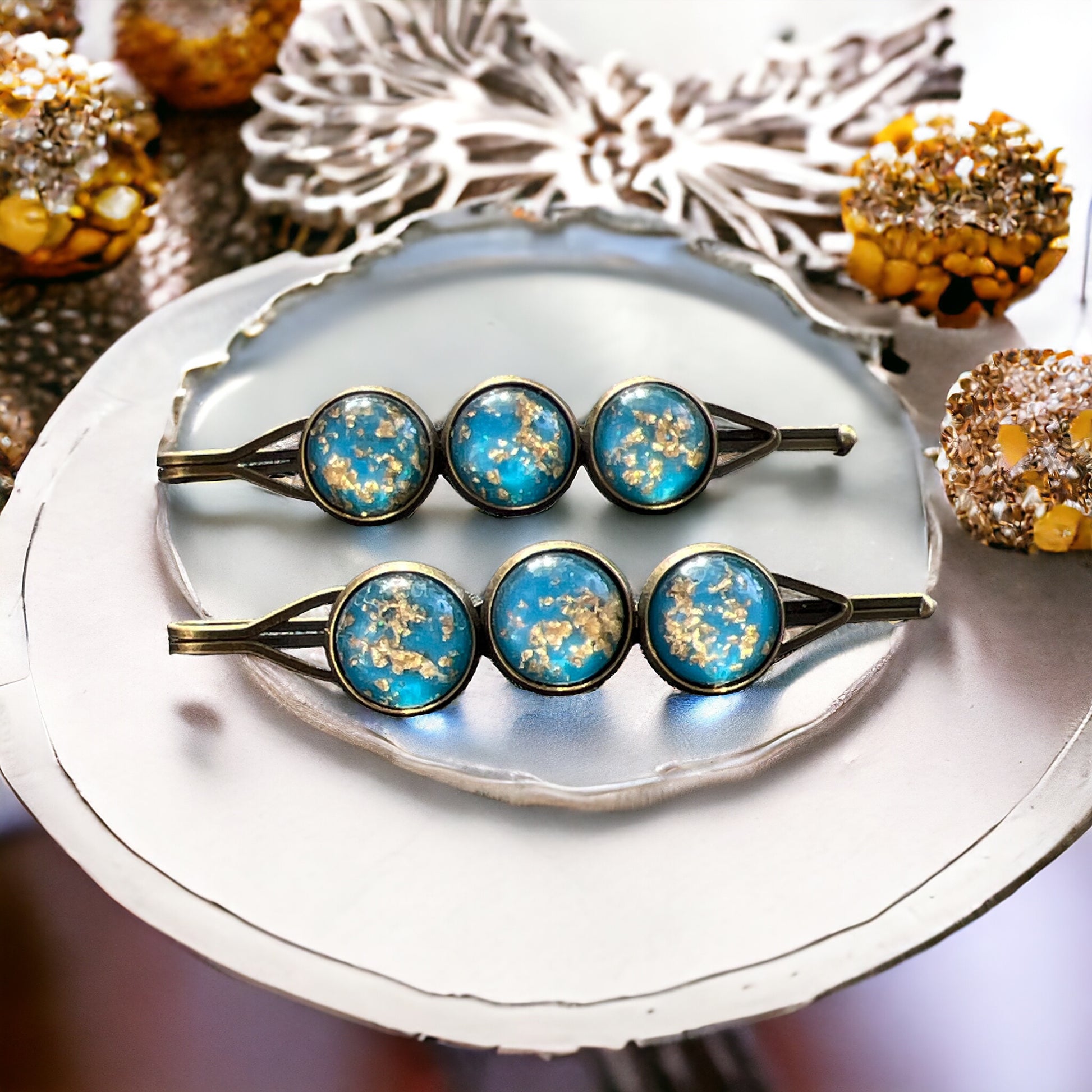 Sky Blue & Gold Foil Hair Pins – Set of 2 Celestial Hair Accessories