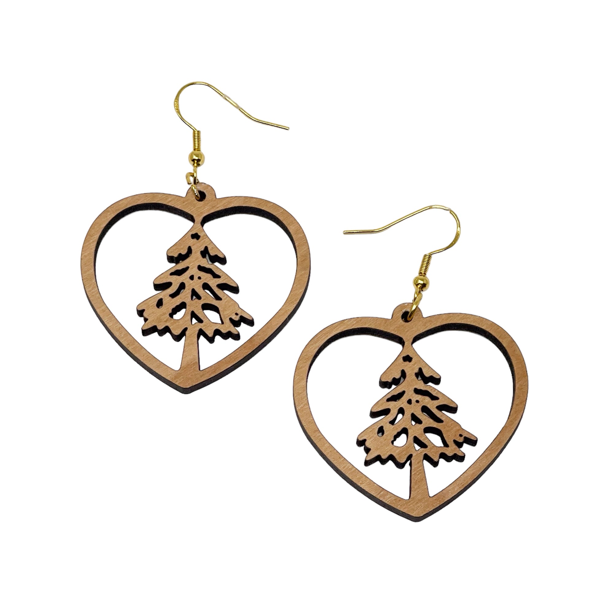Heart Tree Cutout Earrings – Wooden Christmas Forest Dangles with Gold Hooks